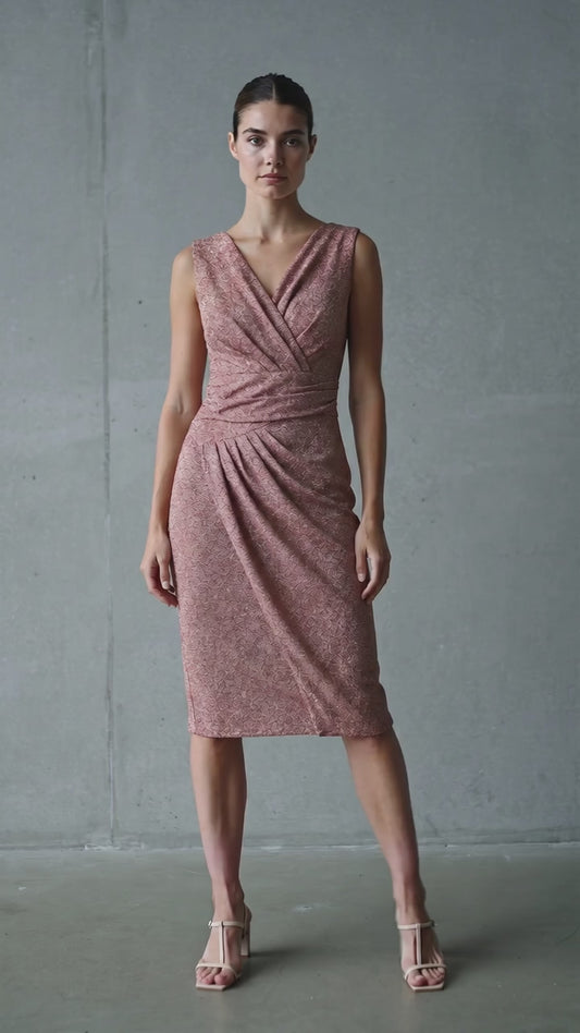 Bronz Simli Drape Yırtmaçlı Kalem Elbise